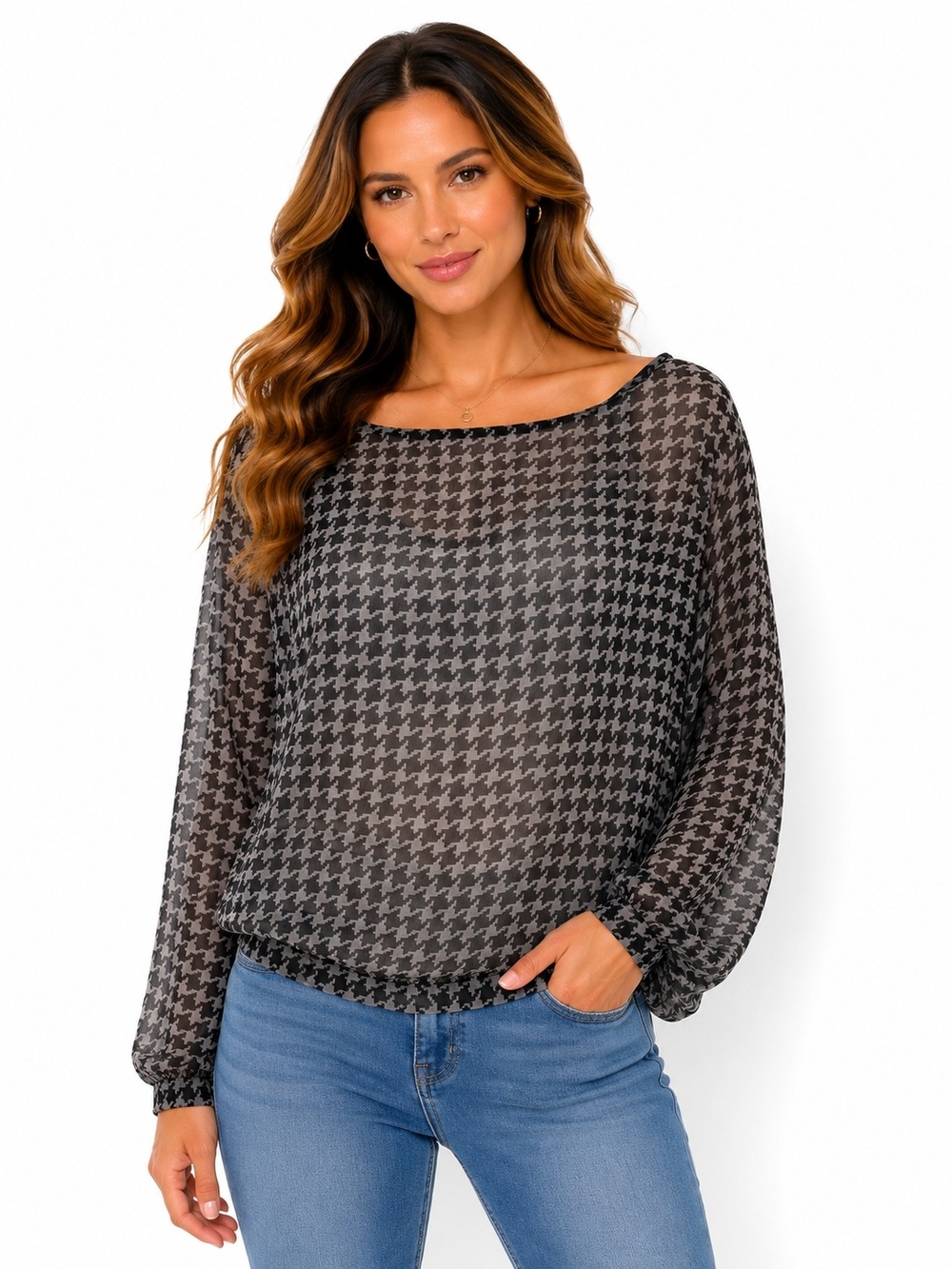New York & Company Sheer Houndstooth Blouse - Black and Gray